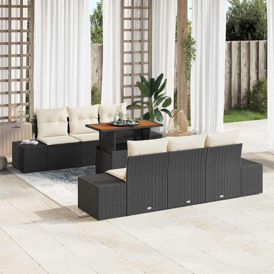 vidaXL Tuin Eetset met kussen 7 pcs Zwart en Crème afbeelding 1