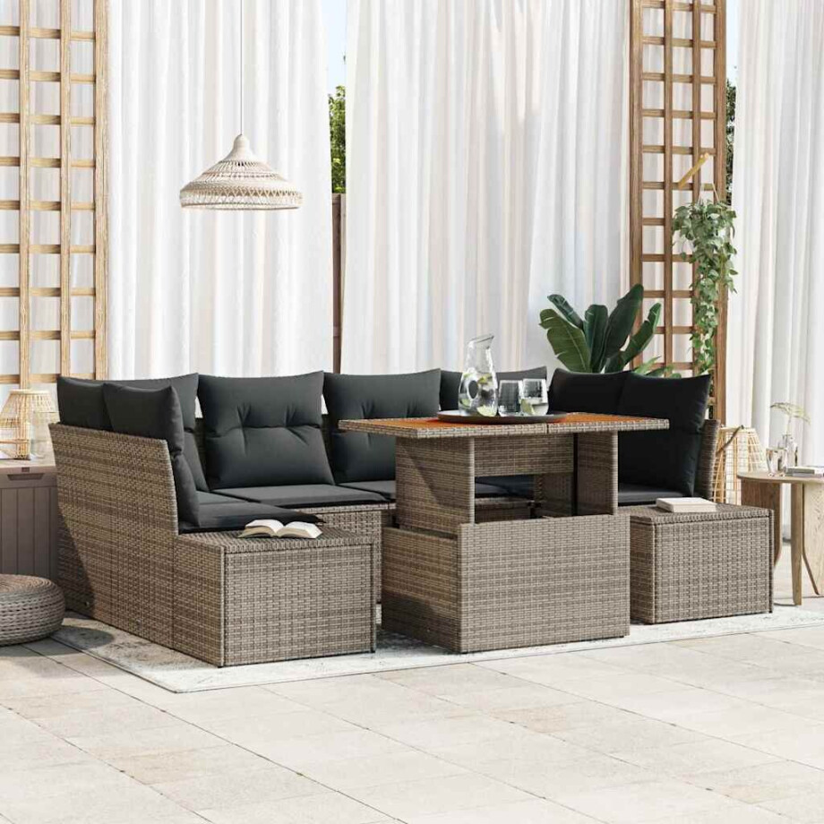 vidaXL Tuin Eetset met kussen 7 pcs Grijs en Bruin afbeelding 1
