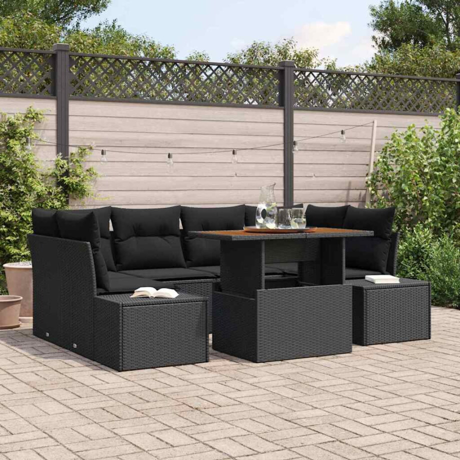 vidaXL Tuin Eetset met kussen 7 pcs Zwart en Bruin afbeelding 1