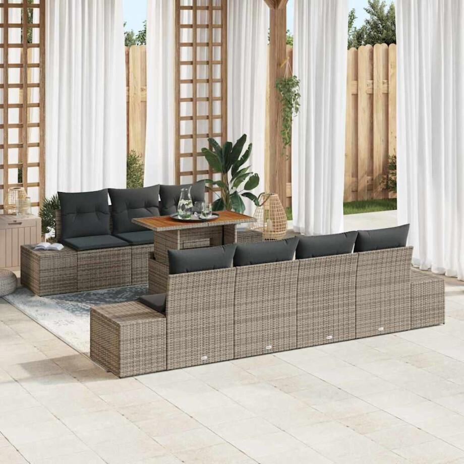 vidaXL Tuin Eetset met kussen 8 pcs Grijs en Bruin afbeelding 1