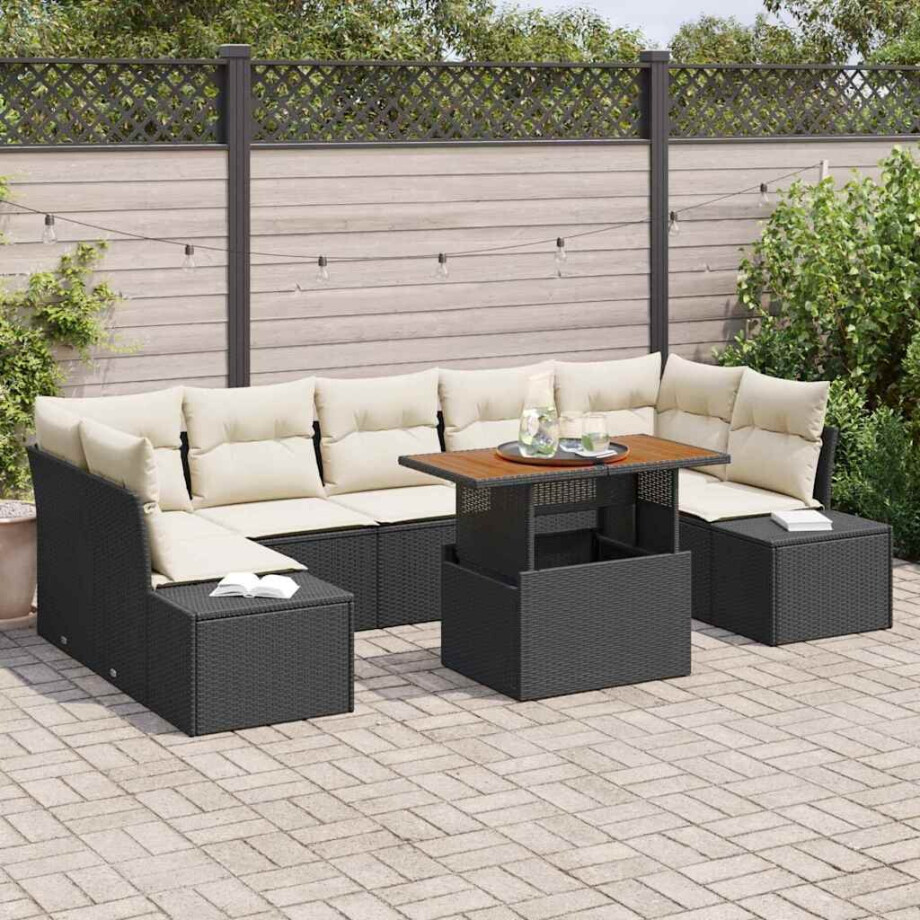 vidaXL Tuin Eetset met kussen 8 pcs Zwart en Crème vidaXL Tuin Eetset met kussen 8 pcs Zwart en Crème afbeelding 1