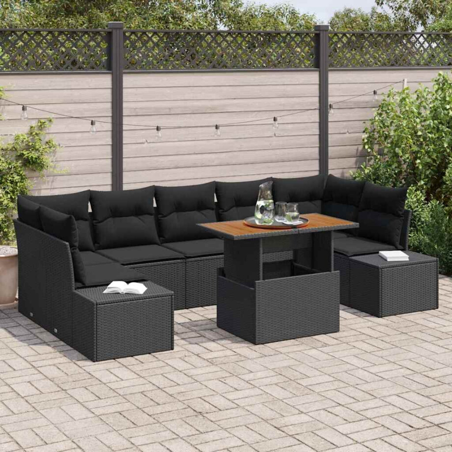 vidaXL Tuin Eetset met kussen 8 pcs Zwart en Bruin afbeelding 1