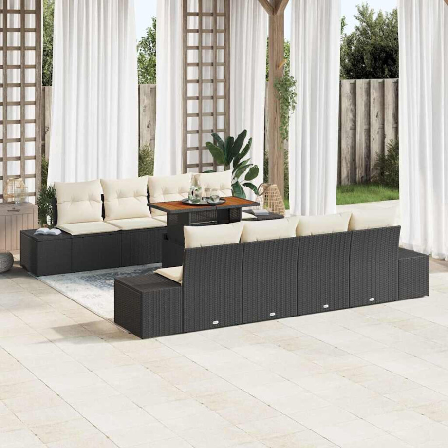 vidaXL Tuin Eetset met kussen 9 pcs Zwart en Crème afbeelding 1
