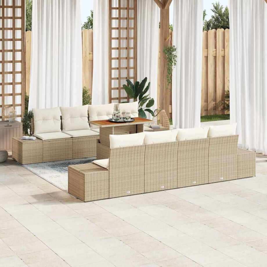 vidaXL Tuin Eetset met kussen 9 pcs Beige en Crème afbeelding 1