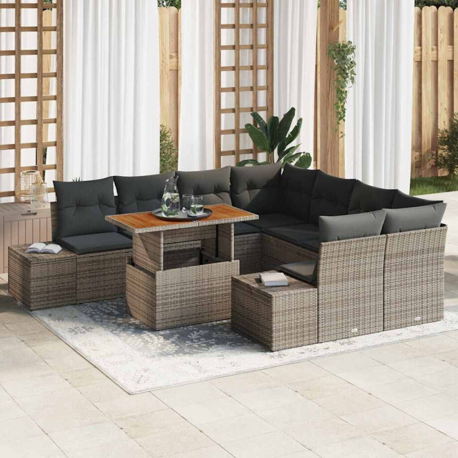 vidaXL Tuin Eetset met kussen 9 pcs Grijs en Bruin afbeelding 1