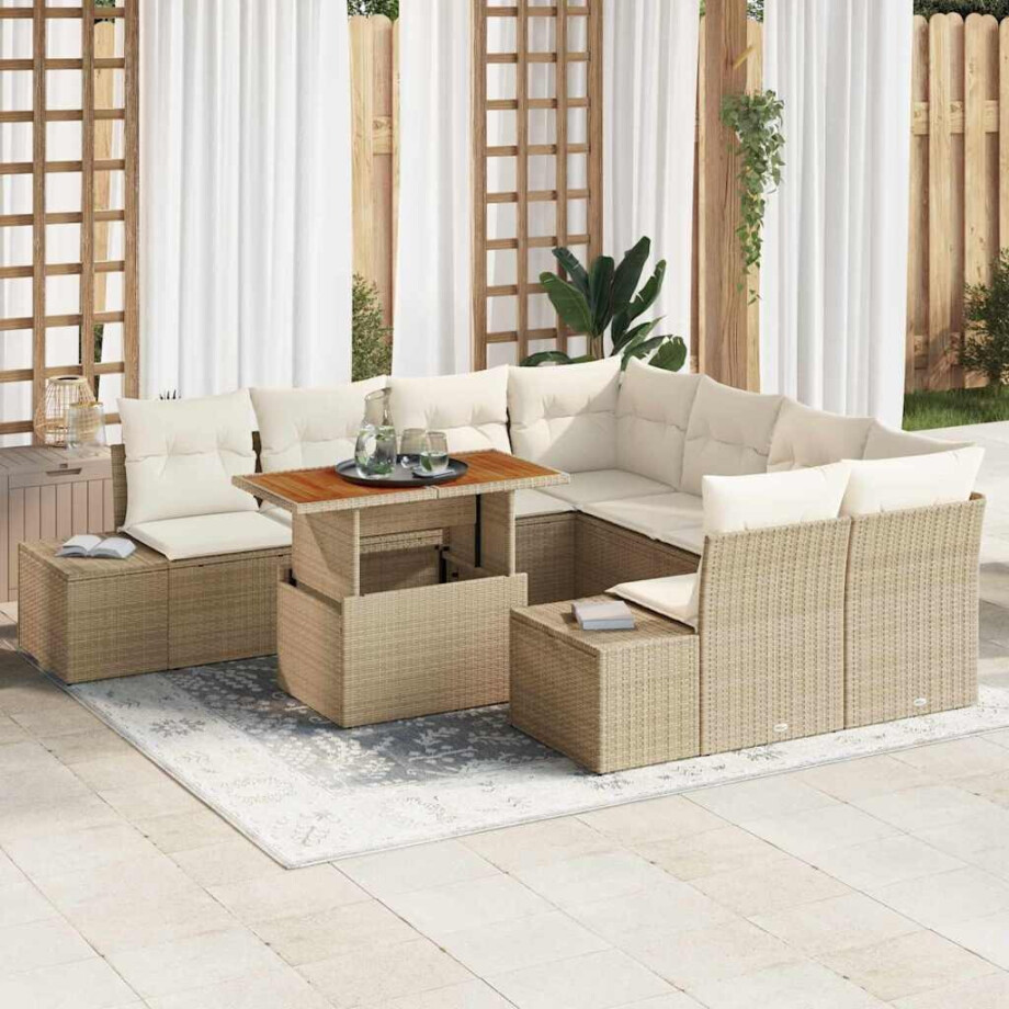 vidaXL Tuin Eetset met kussen 9 pcs Beige en Crème afbeelding 1