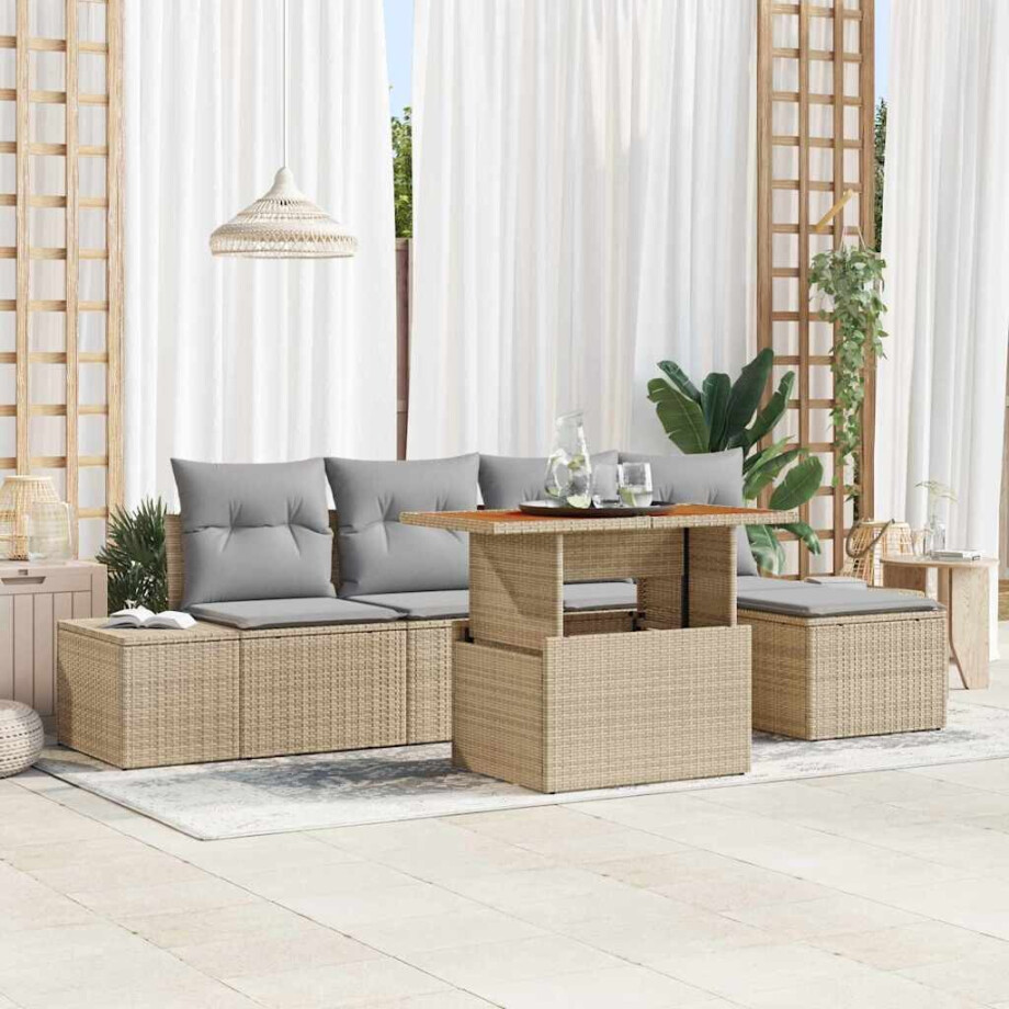 vidaXL Tuin Eetset met kussen 6 pcs Beige en Grijs afbeelding 1