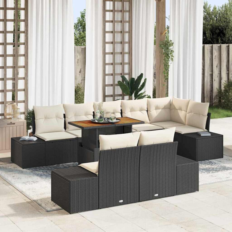 vidaXL Tuin Eetset met kussen 9 pcs Zwart en Crème afbeelding 1