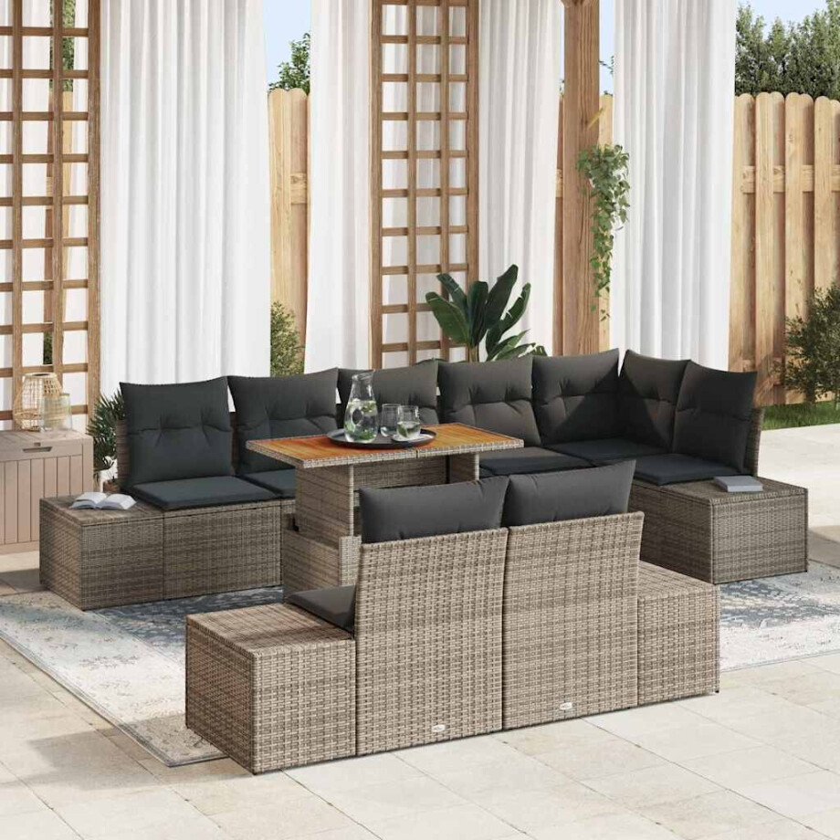 vidaXL Tuin Eetset met kussen 9 pcs Grijs en Bruin afbeelding 1