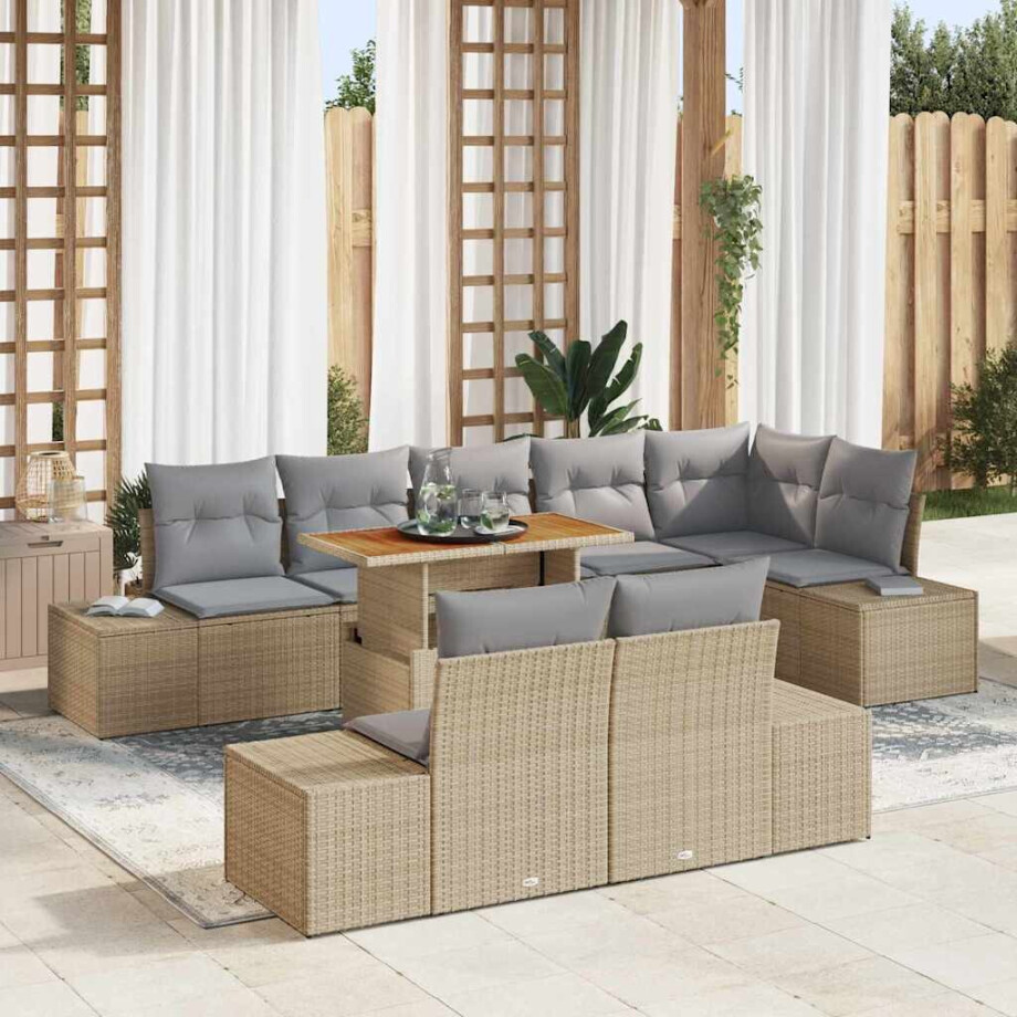vidaXL Tuin Eetset met kussen 9 pcs Beige en Grijs afbeelding 1