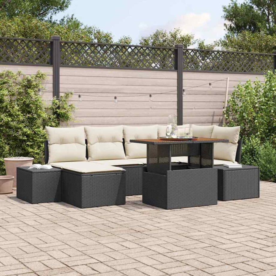 vidaXL Tuin Eetset met kussen 7 pcs Zwart en Crème afbeelding 1