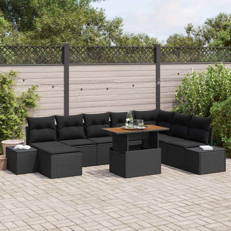 vidaXL Tuin Eetset met kussen 9 pcs Zwart en Bruin afbeelding 1