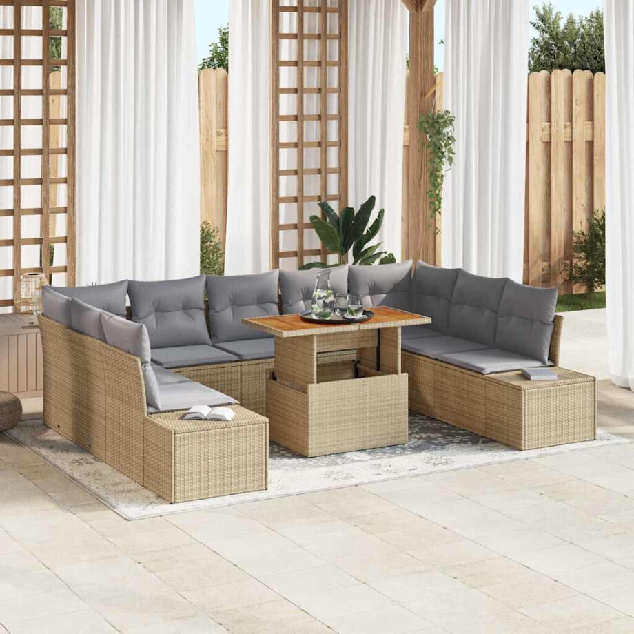vidaXL Tuin Eetset met kussen 10 pcs Beige en Grijs afbeelding 1