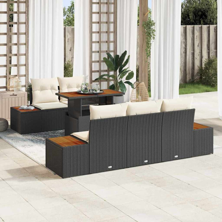 vidaXL Tuin Eetset met kussen 6 pcs Zwart en Beige afbeelding 1