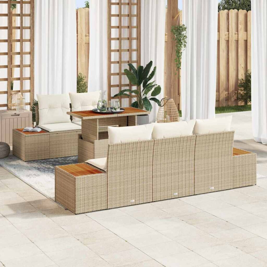 vidaXL Tuin Eetset met kussen 6 pcs Beige en Crème afbeelding 1