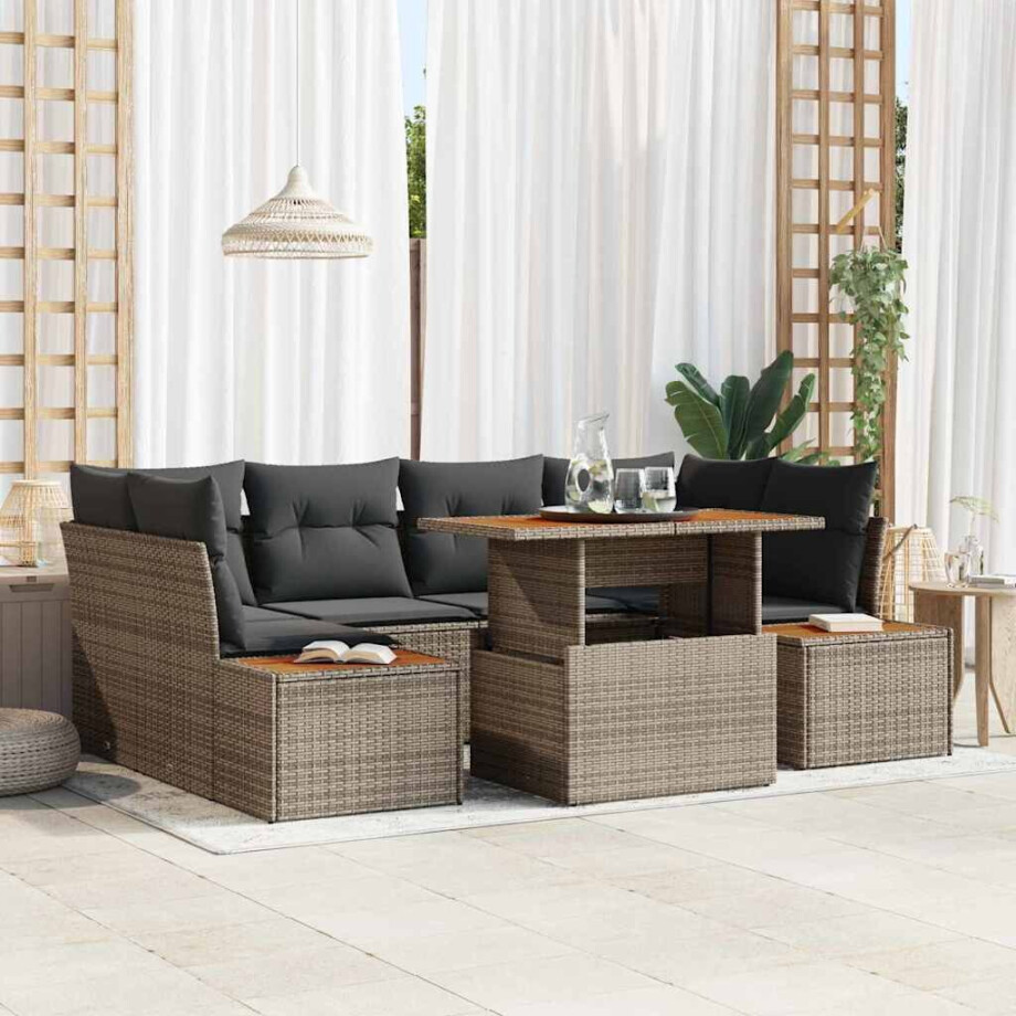 vidaXL Tuin Eetset met kussen 9 pcs Grijs en Bruin afbeelding 1