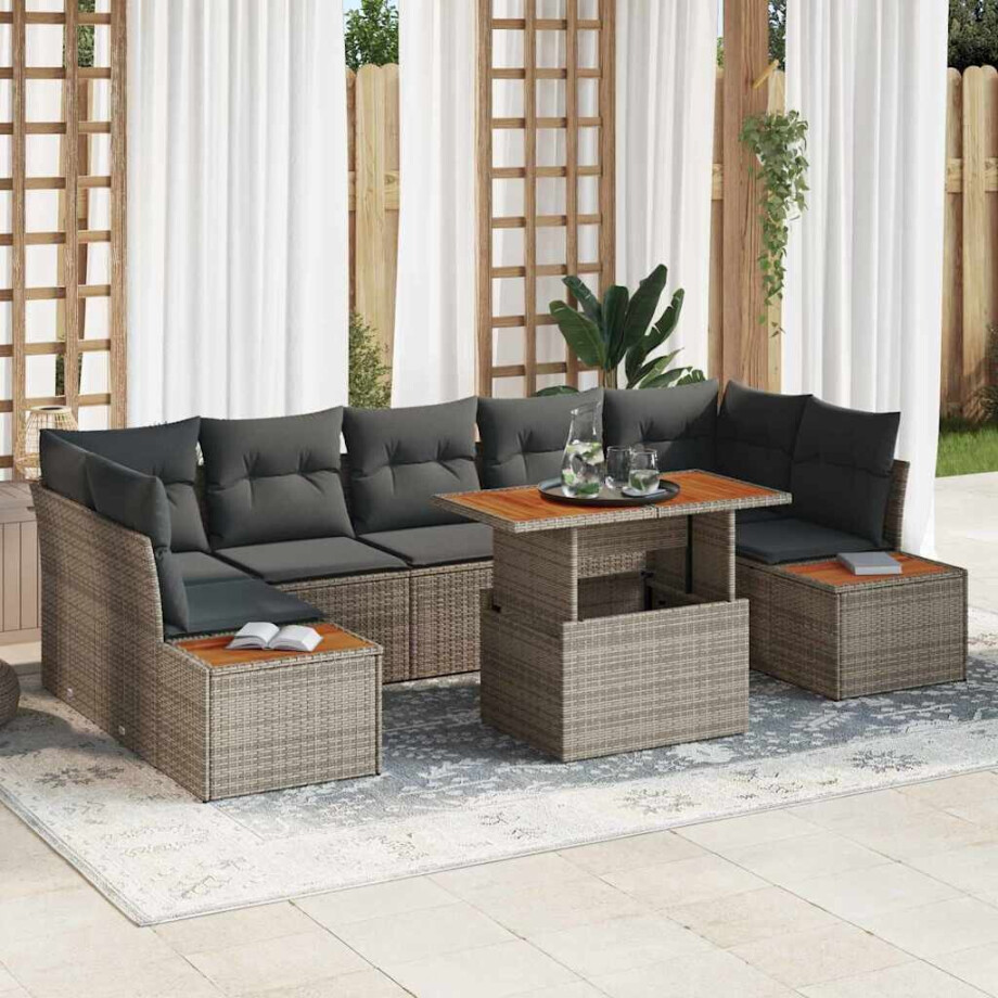vidaXL Tuin Eetset met kussen 8 pcs Grijs en Bruin afbeelding 1