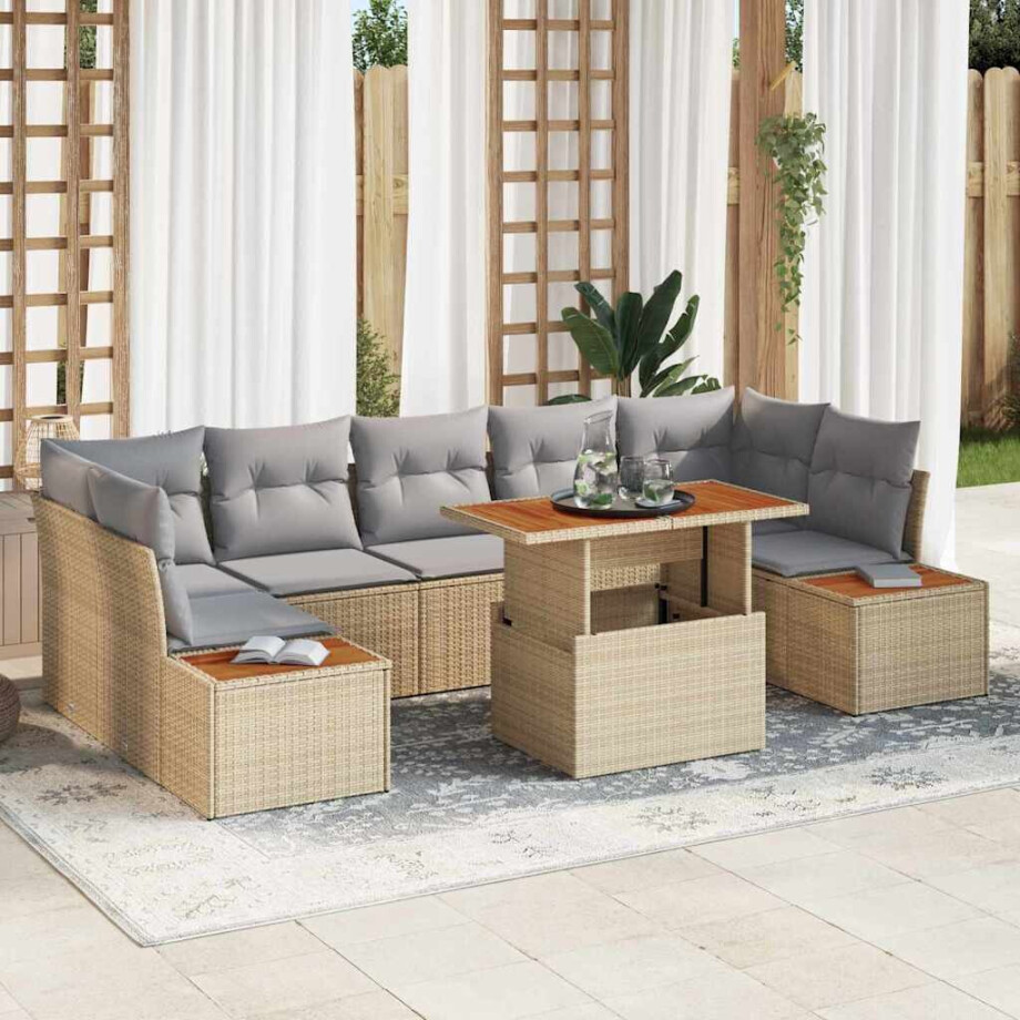 vidaXL Tuin Eetset met kussen 8 pcs Beige en Grijs afbeelding 1