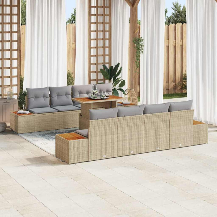 vidaXL Tuin Eetset met kussen 9 pcs Beige en Grijs afbeelding 1