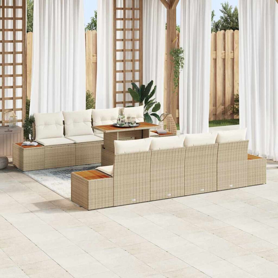 vidaXL Tuin Eetset met kussen 9 pcs Beige en Crème afbeelding 1