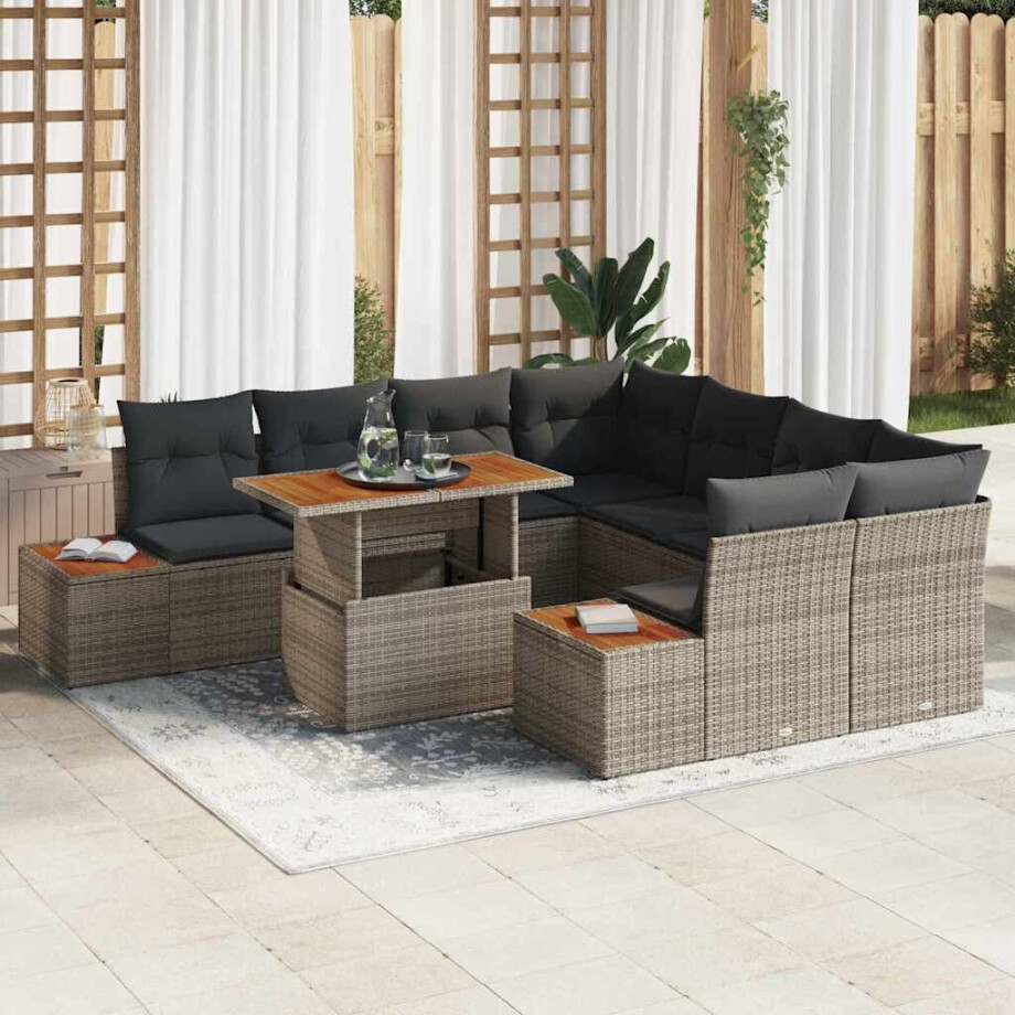 vidaXL Tuin Eetset met kussen 9 pcs Grijs en Bruin afbeelding 1