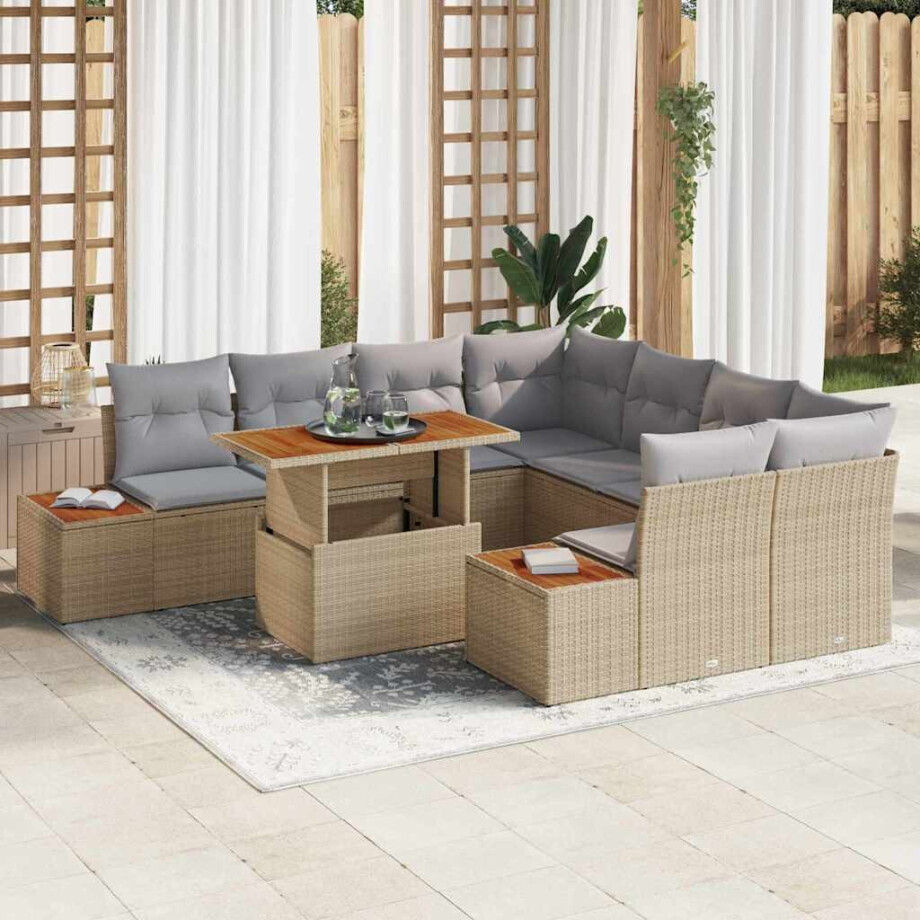 vidaXL Tuin Eetset met kussen 9 pcs Beige en Grijs afbeelding 1