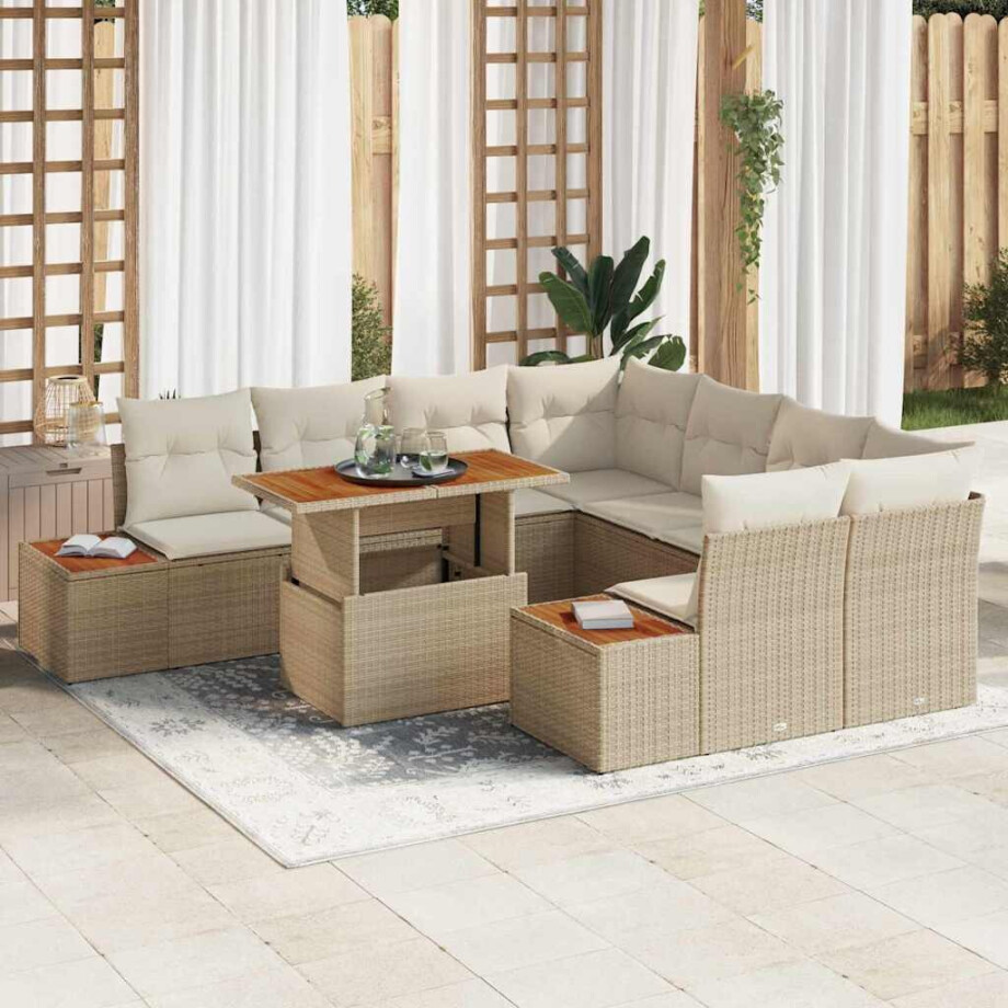 vidaXL Tuin Eetset met kussen 9 pcs Beige en Crème afbeelding 1