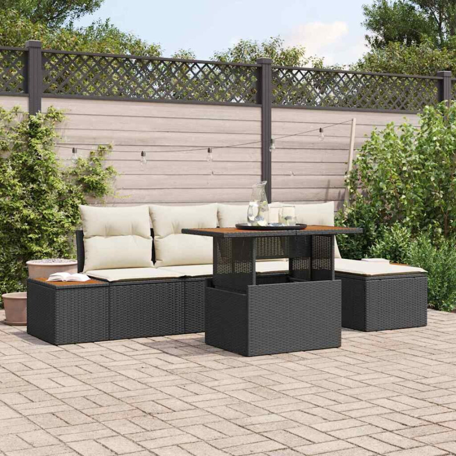 vidaXL Tuin Eetset met kussen 6 pcs Zwart en Beige afbeelding 1
