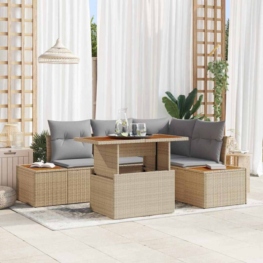 vidaXL Tuin Eetset met kussen 5 pcs Beige en Grijs afbeelding 1