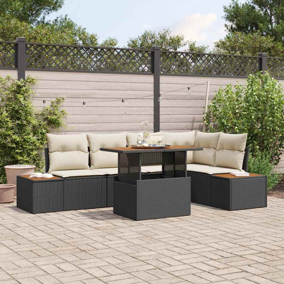 vidaXL Tuin Eetset met kussen 6 pcs Zwart en Beige afbeelding 1