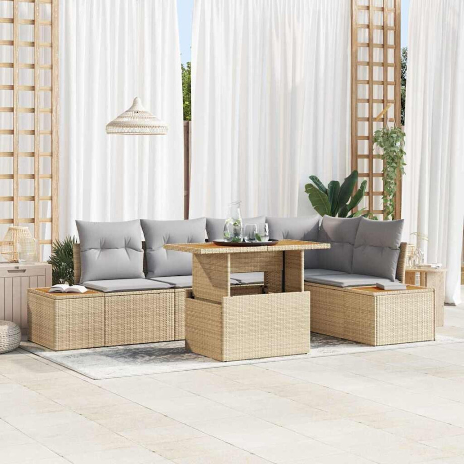 vidaXL Tuin Eetset met kussen 6 pcs Beige en Grijs afbeelding 1