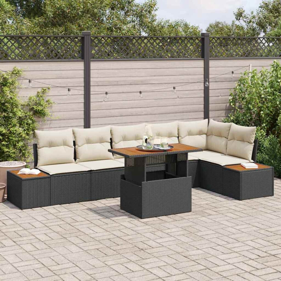 vidaXL Tuin Eetset met kussen 7 pcs Zwart en Beige vidaXL Tuin Eetset met kussen 7 pcs Zwart en Beige afbeelding 1