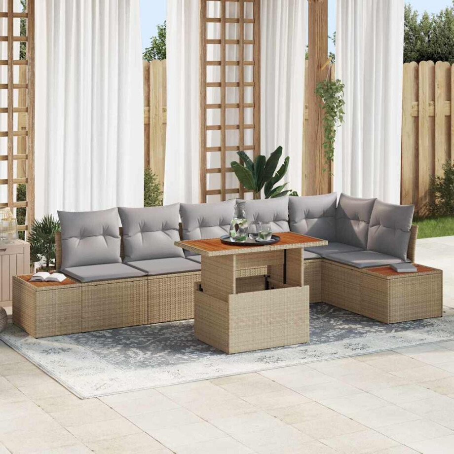 vidaXL Tuin Eetset met kussen 7 pcs Beige en Grijs afbeelding 1
