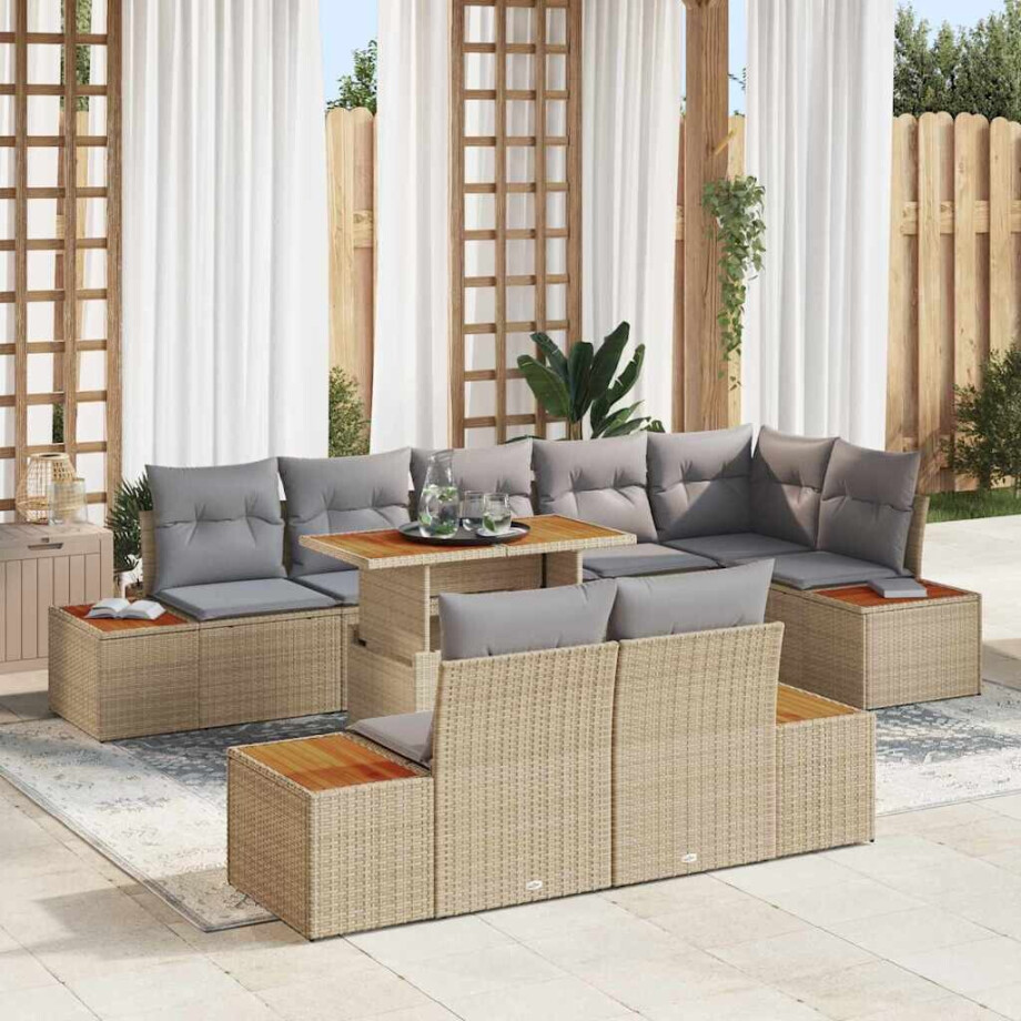 vidaXL Tuin Eetset met kussen 9 pcs Beige en Grijs afbeelding 1