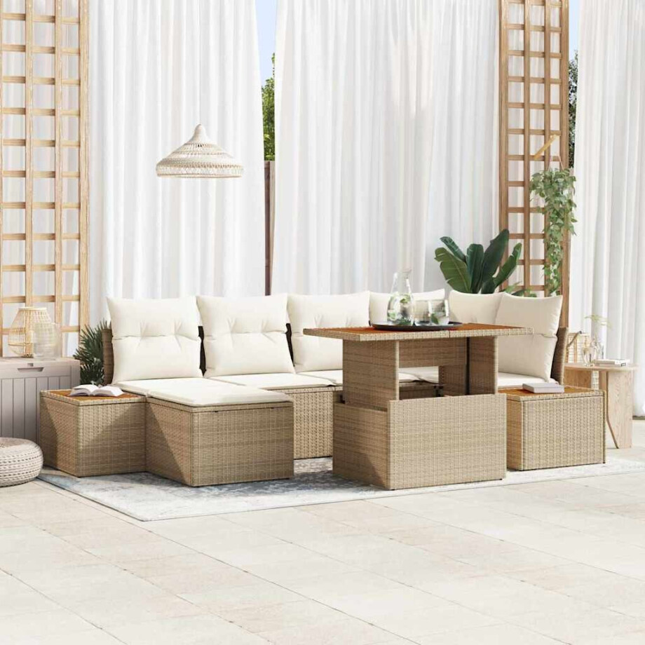 vidaXL Tuin Eetset met kussen 7 pcs Beige en Crème vidaXL Tuin Eetset met kussen 7 pcs Beige en Crème afbeelding 1