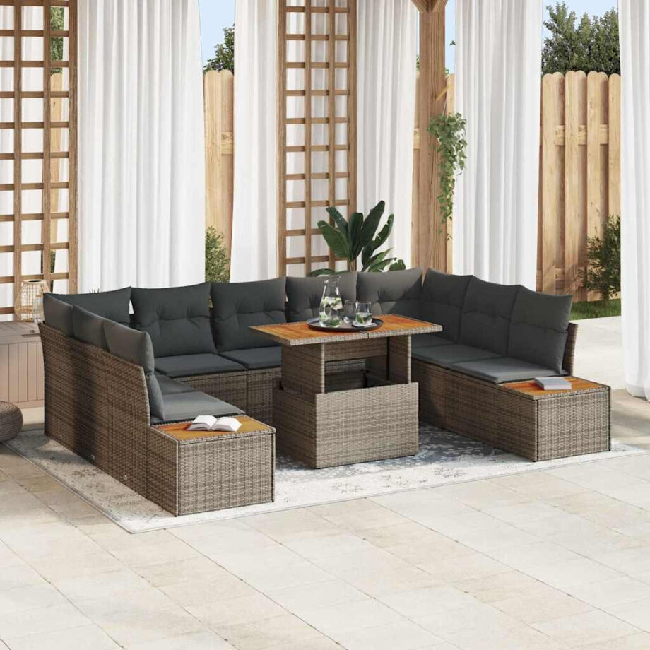 vidaXL Tuin Eetset met kussen 10 pcs Grijs en Bruin afbeelding 1
