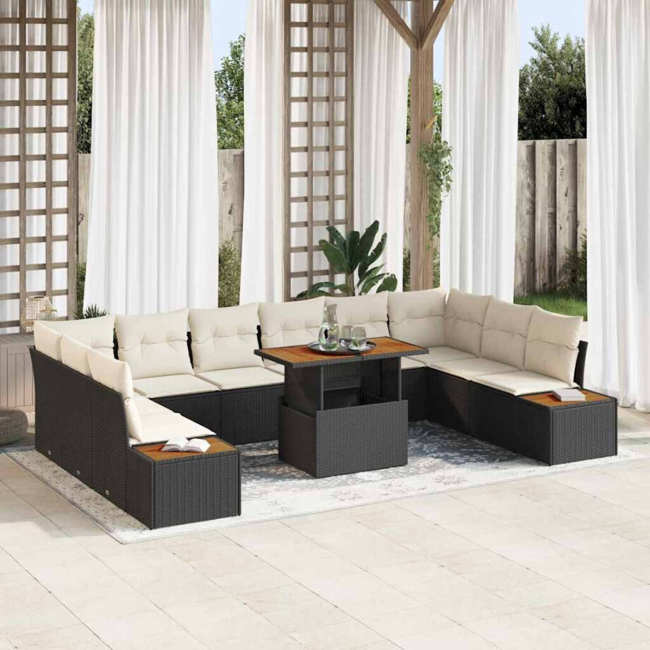 vidaXL Tuin Eetset met kussen 11 pcs Zwart en Beige vidaXL Tuin Eetset met kussen 11 pcs Zwart en Beige afbeelding 1