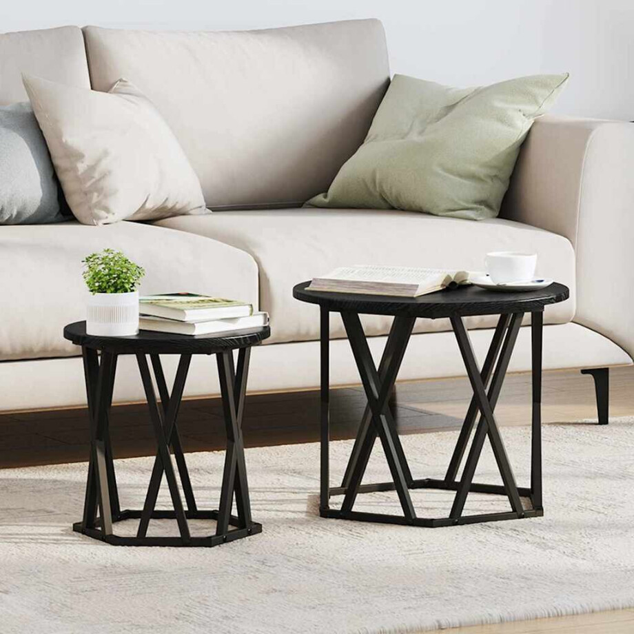 vidaXL Bijzettafel 2 pcs Zwart Eiken Engineered hout en staal afbeelding 1