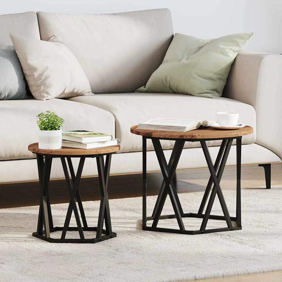 vidaXL Bijzettafel 2 pcs hergebruikt hout Engineered hout en staal afbeelding 1