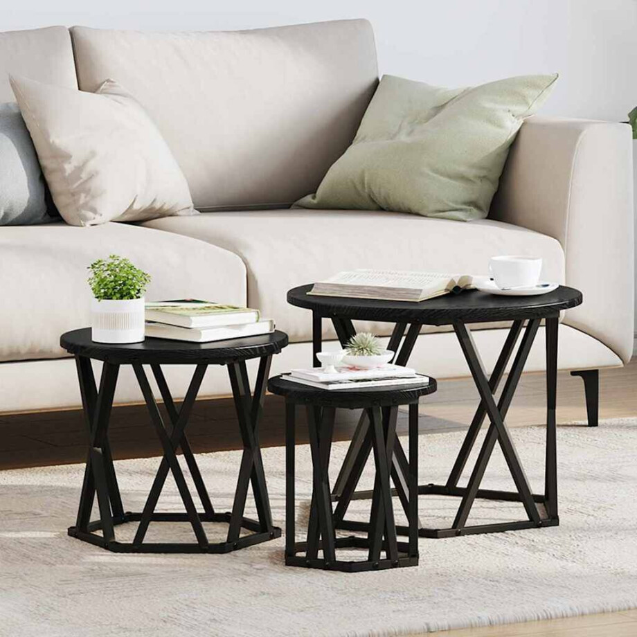 vidaXL Nestbare Bijzettafel 3 pcs Zwart Eiken Engineered hout en staal afbeelding 1