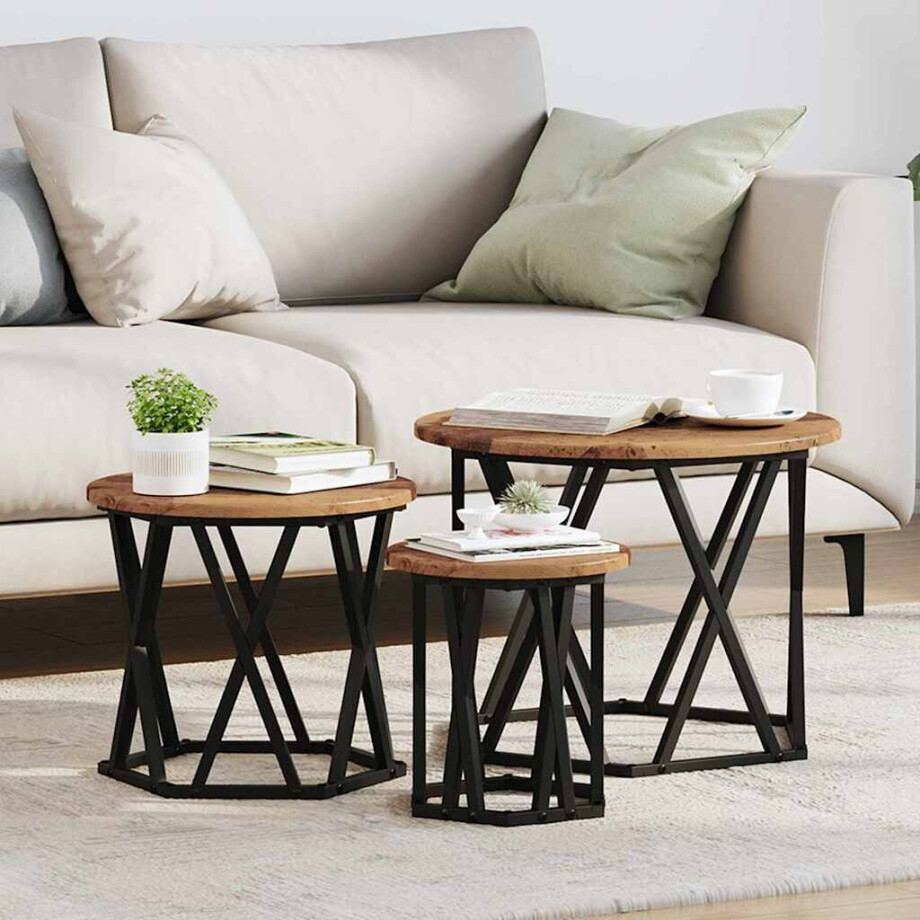 vidaXL Nestbare Bijzettafel 3 pcs Oud Hout Engineered hout en staal afbeelding 1