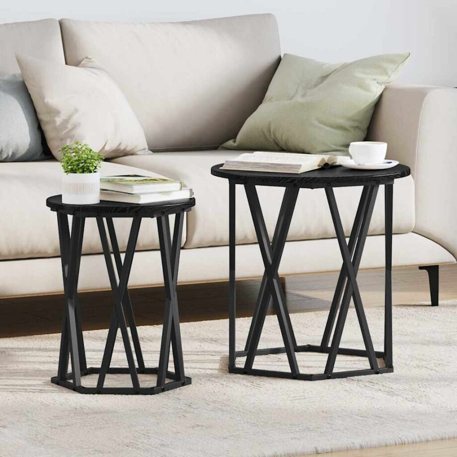 vidaXL Salontafel 2 pcs Zwart Eiken Engineered hout en staal afbeelding 1