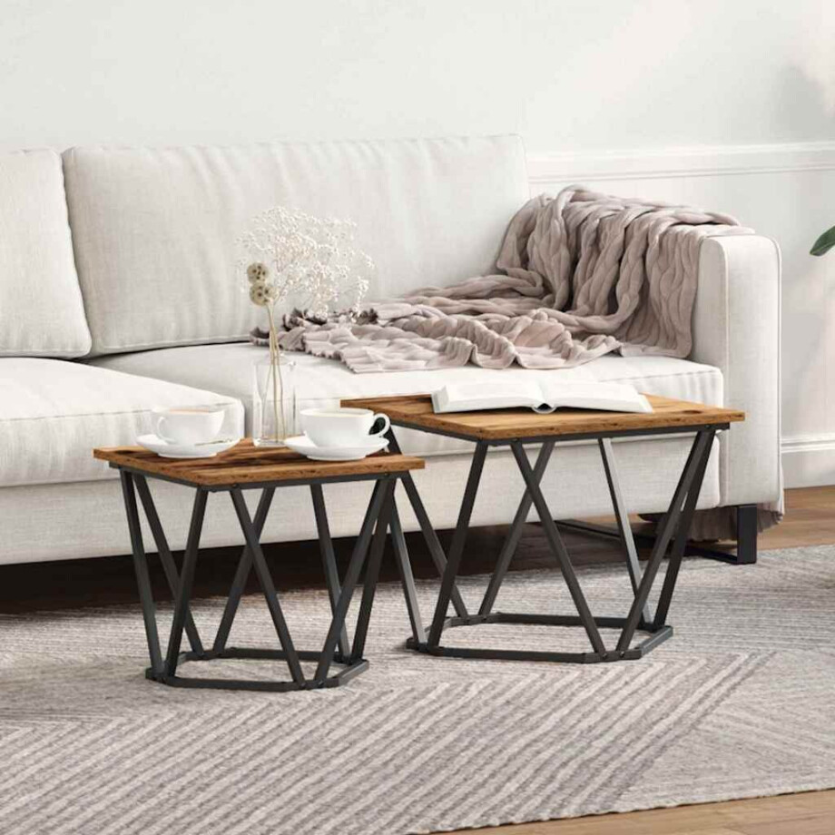vidaXL Bijzettafelset 2 pcs hergebruikt hout Engineered hout en staal afbeelding 1
