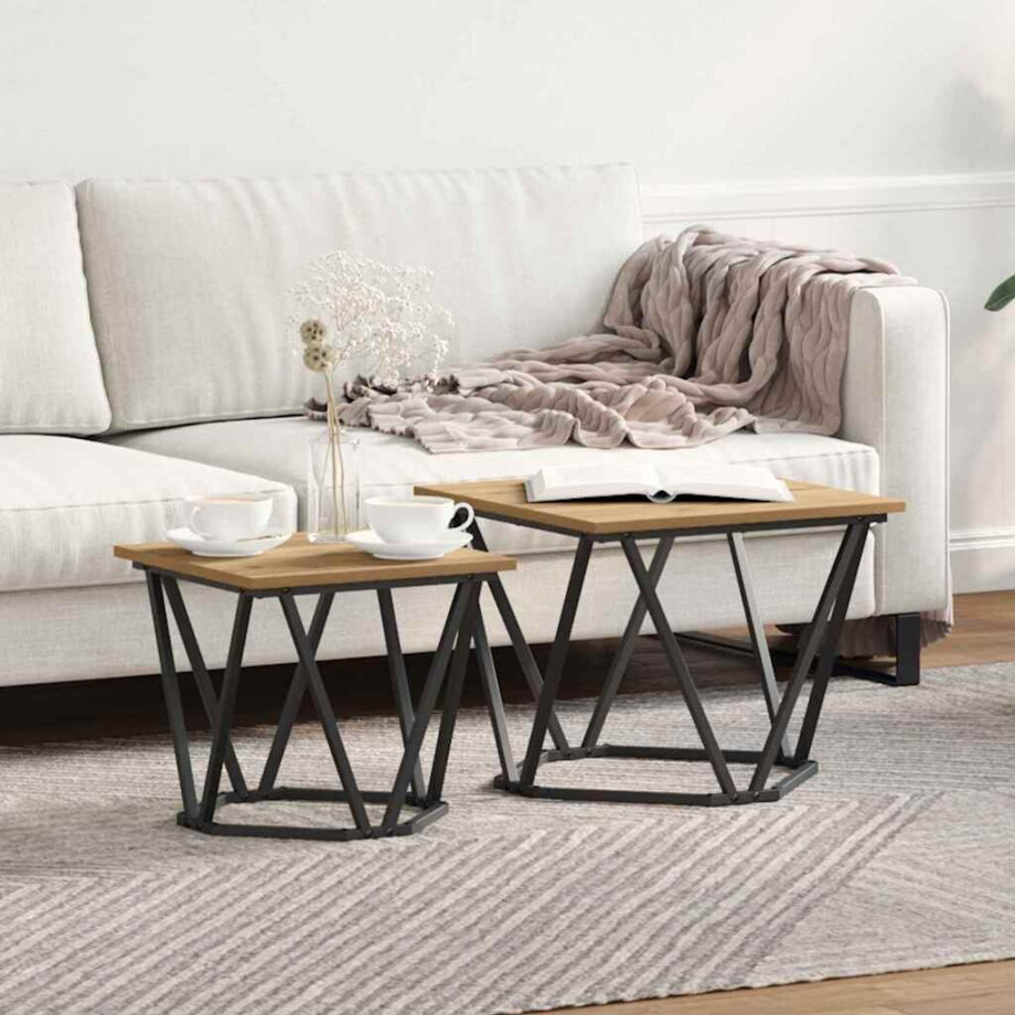 vidaXL Bijzettafelset 2 pcs Artisan Eiken Engineered hout en staal afbeelding 1