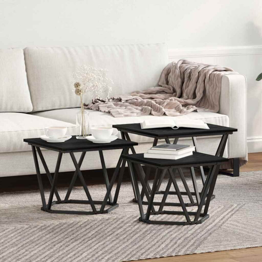 vidaXL Salontafel 3 pcs Zwart Eiken Engineered hout en staal afbeelding 1