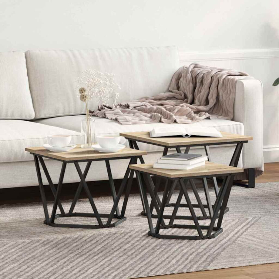 vidaXL Salontafel 3 pcs Sonoma Eiken Engineered hout en staal afbeelding 1
