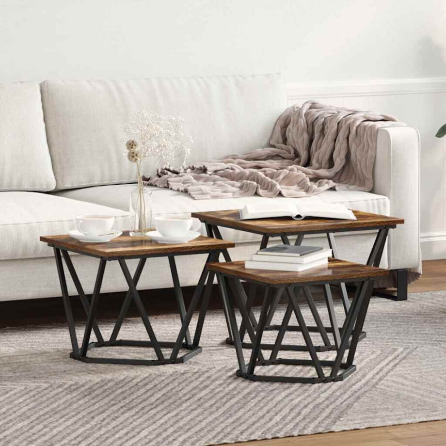 vidaXL Salontafel 3 pcs Gerookt eiken Engineered hout en staal afbeelding 1