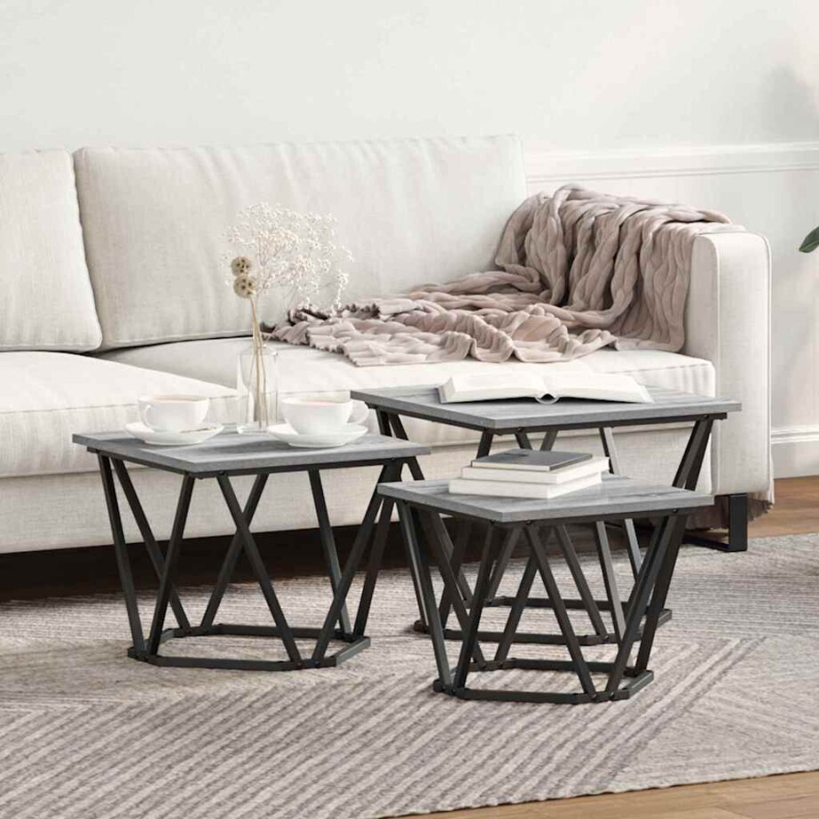 vidaXL Salontafel 3 pcs Grijs Sonoma Engineered hout en staal afbeelding 1