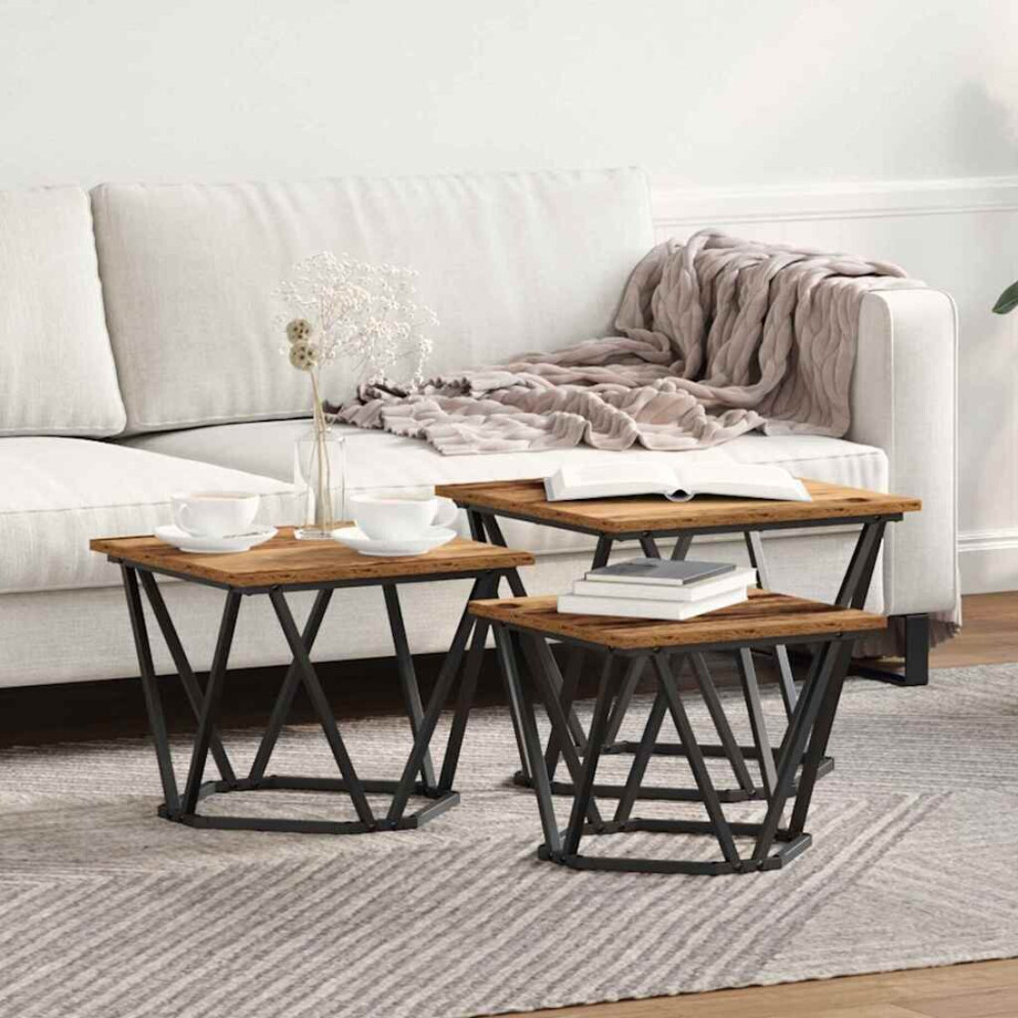 vidaXL Salontafel 3 pcs Oud Hout Engineered hout en staal afbeelding 1