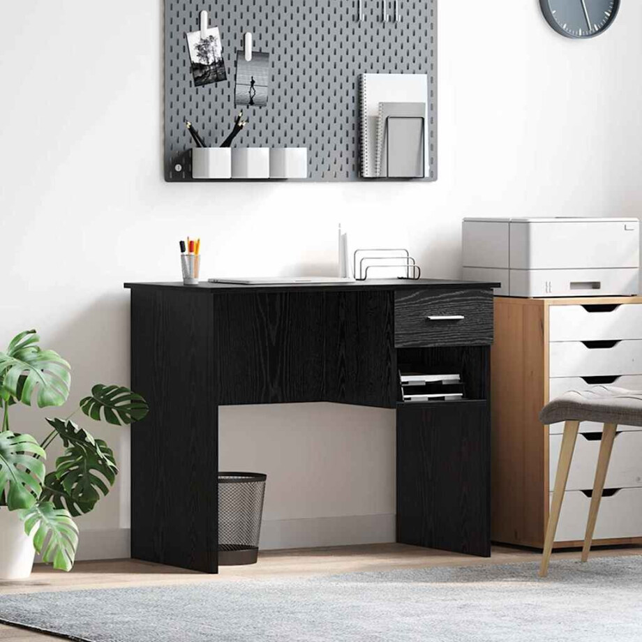 vidaXL Bureau met lade Zwart Eiken 90 x 49 x 75 cm Bewerkt hout afbeelding 1